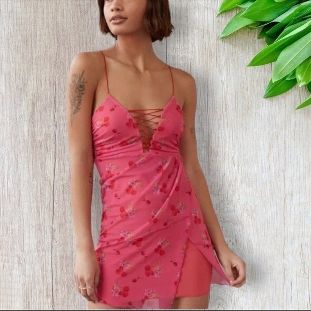 Urban Outfitters Bright Side Lace-Up Mini Dress in Pink Medium